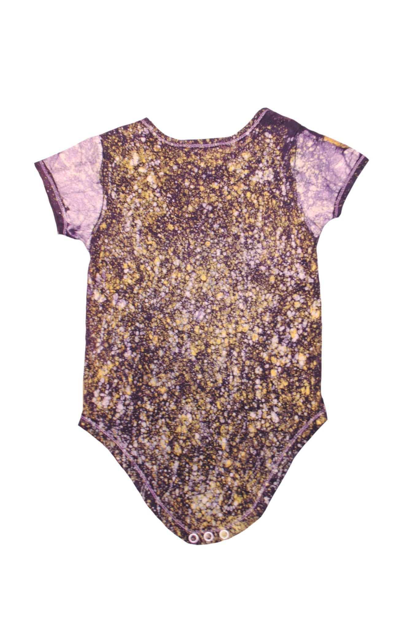 Back of yellow panda onesie showing traditional African batik tie-dye patterns and snap closures
