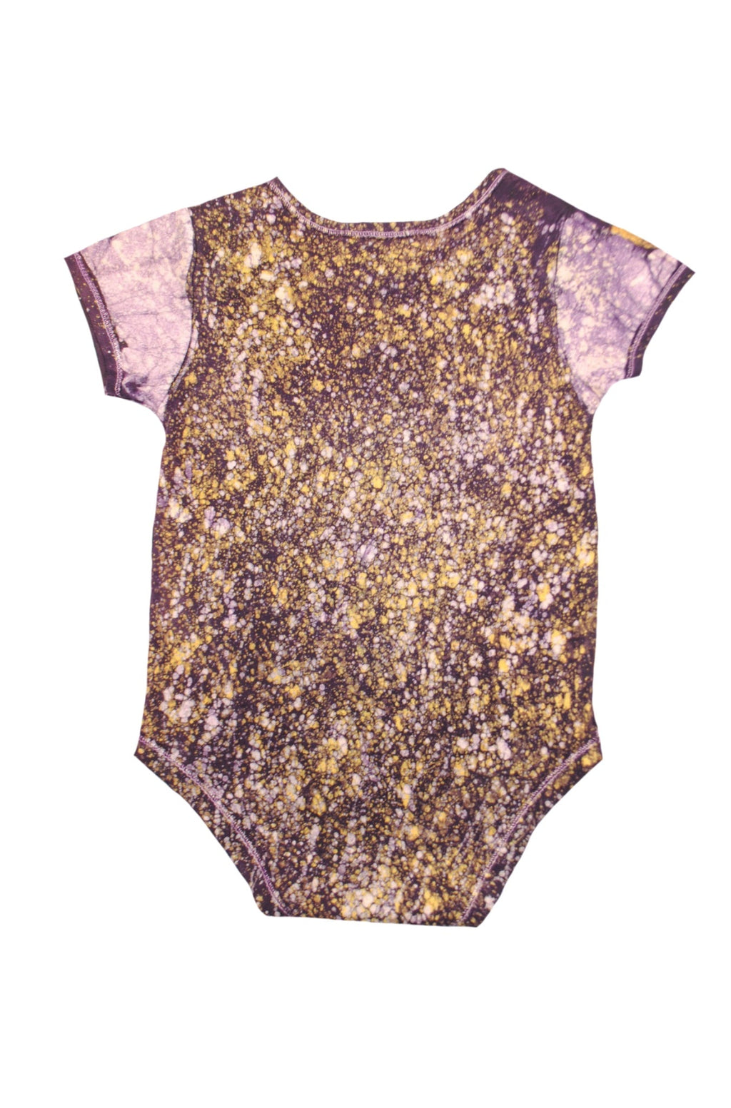 Detail view of yellow African batik onesie back with hand-dyed geometric patterns and tie-dye effects
