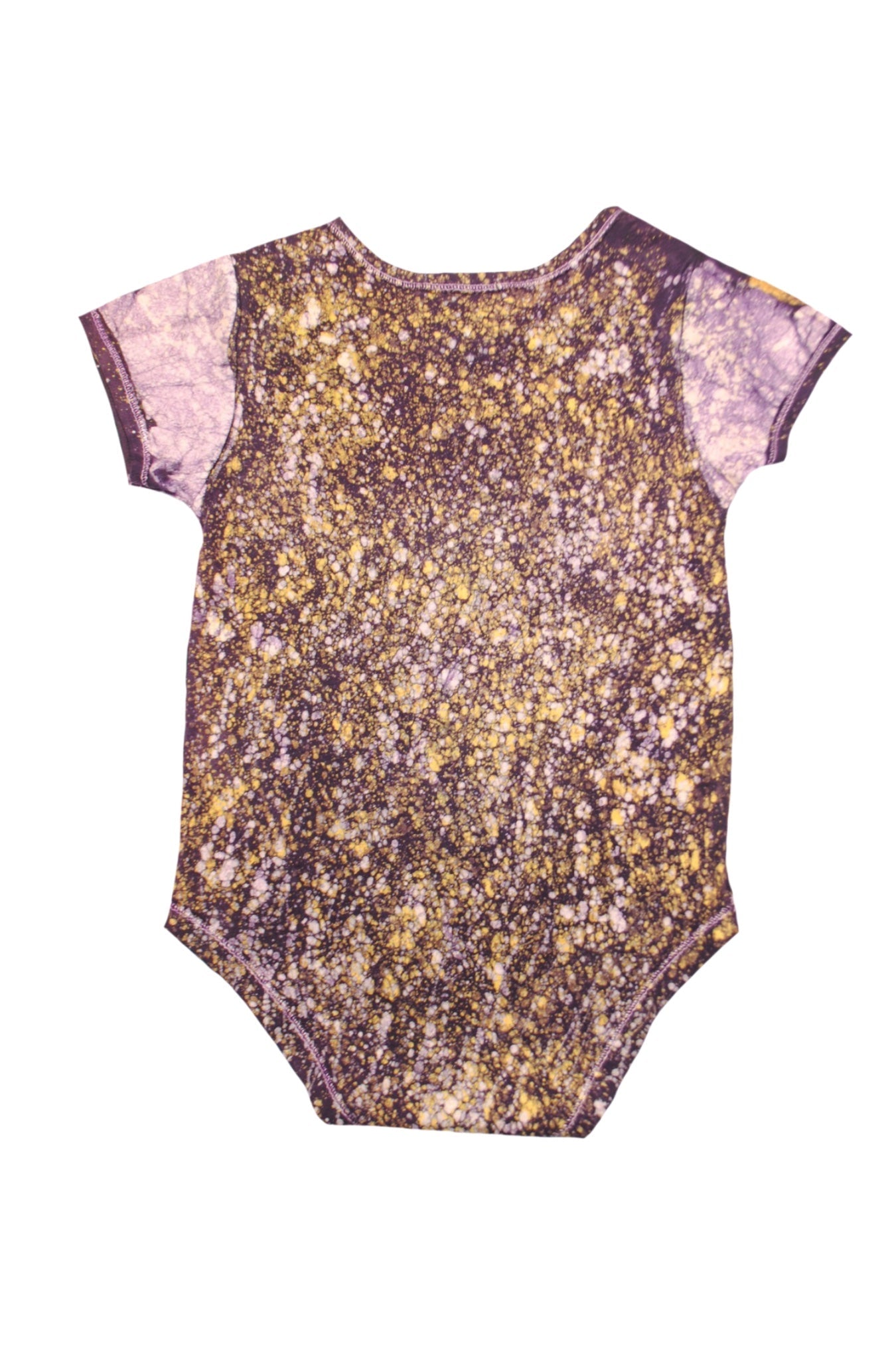 Detail view of yellow African batik onesie back with hand-dyed geometric patterns and tie-dye effects
