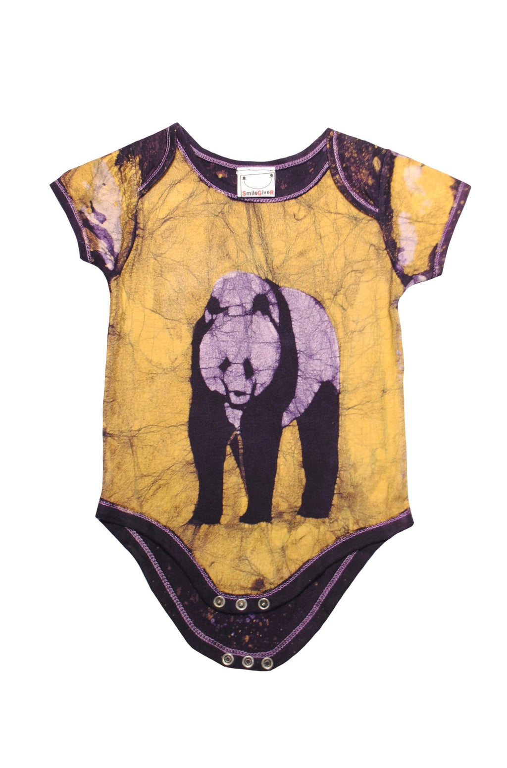 Handmade yellow batik baby onesie with black and white panda face design and snap closures
