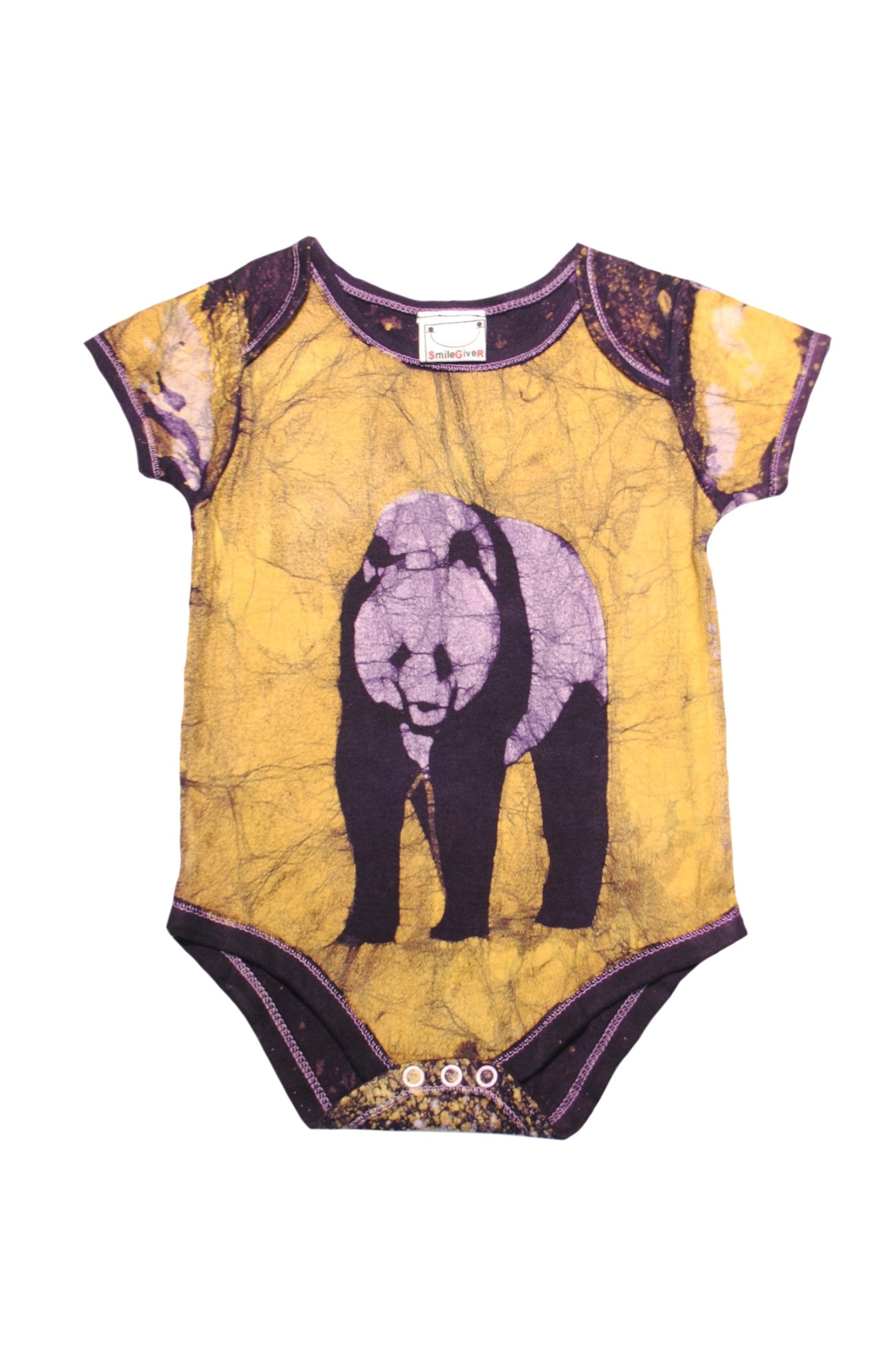 Close-up of yellow panda batik onesie showing snap closure details
