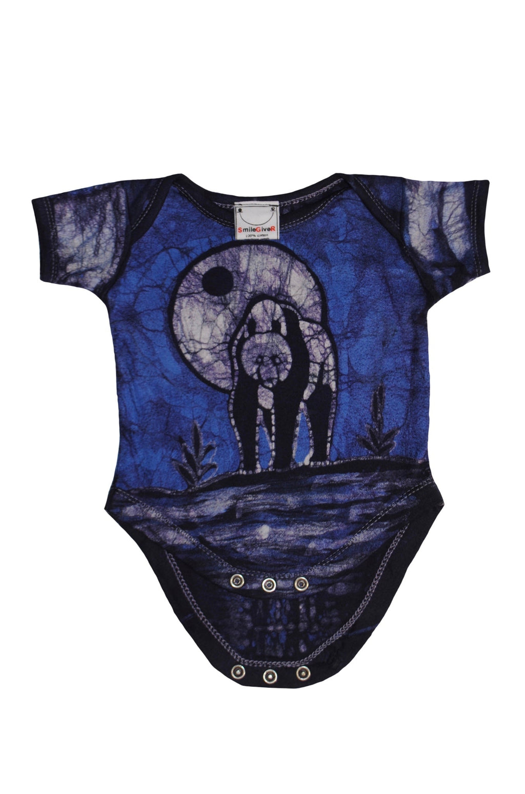 Handmade blue batik baby onesie with panda face design and short sleeves