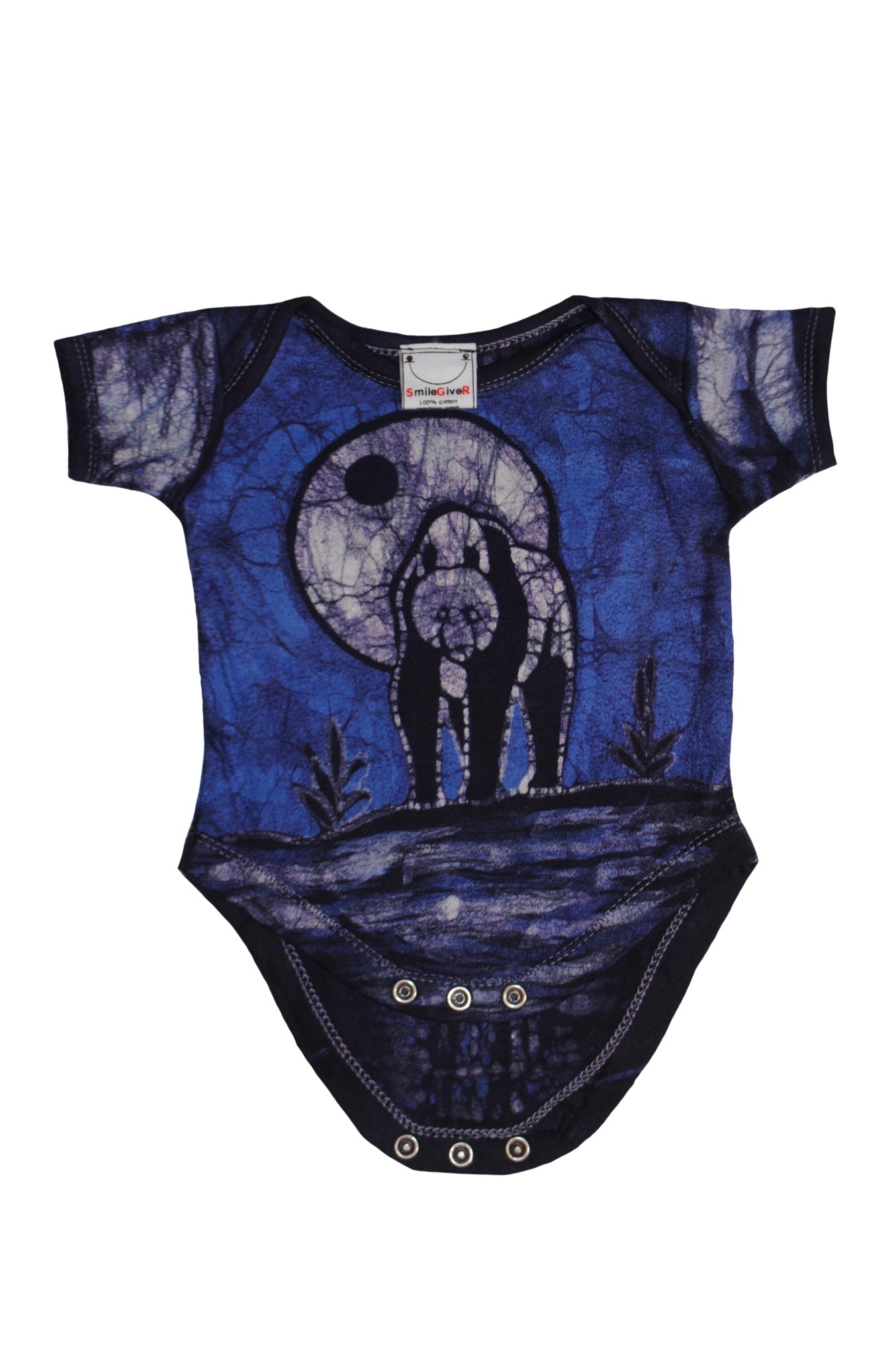 Handmade blue batik baby onesie with panda face design and short sleeves