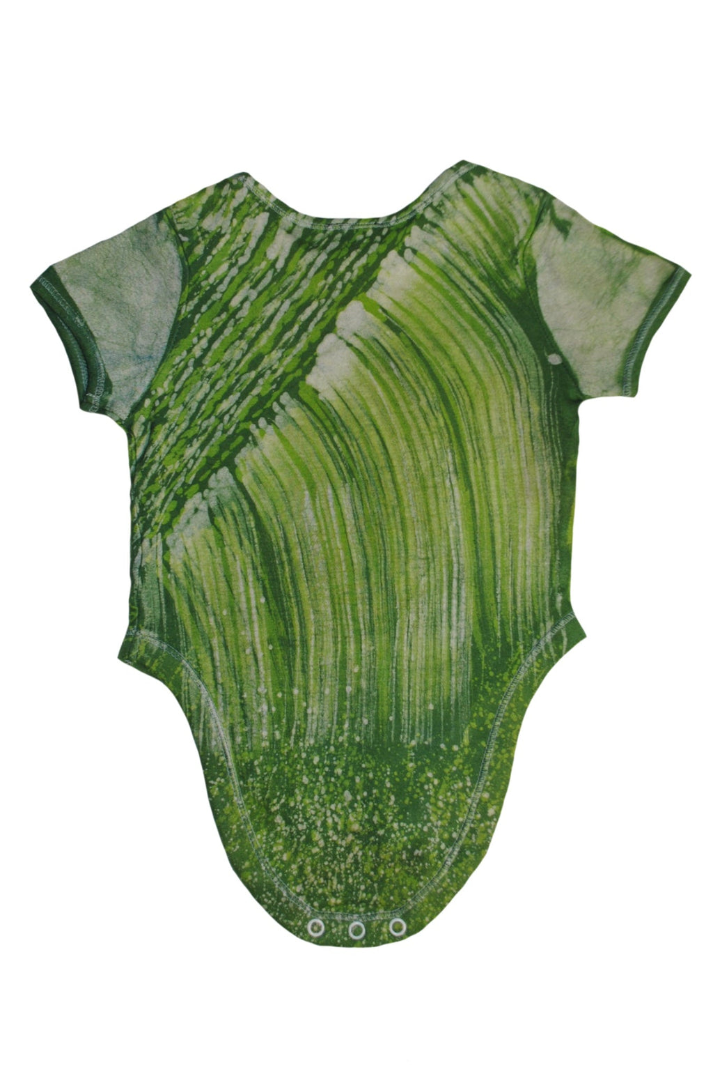 Close-up of green panda onesie showing batik patterns and details