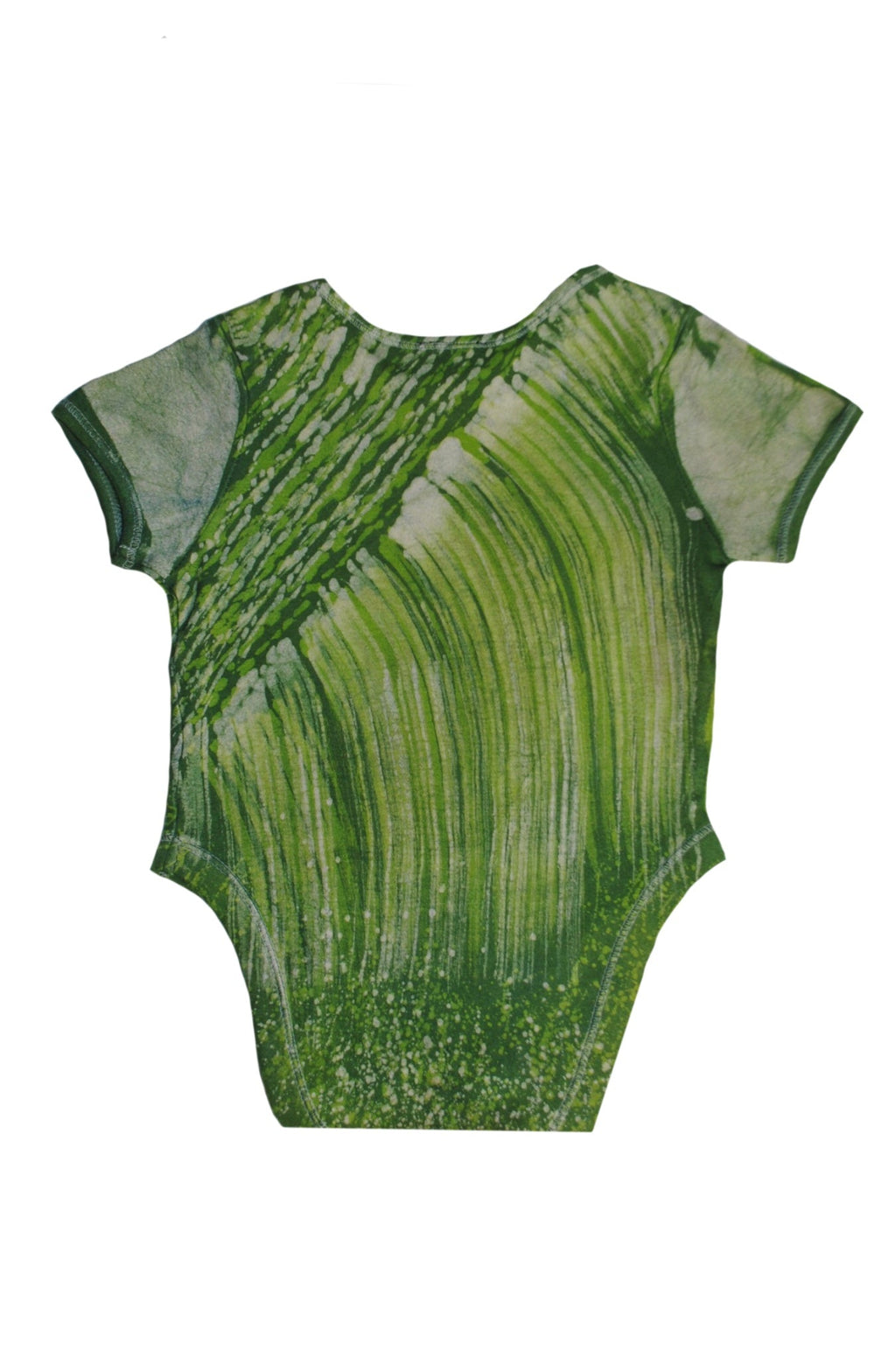 Detail of traditional batik tie-dye on green panda onesie back