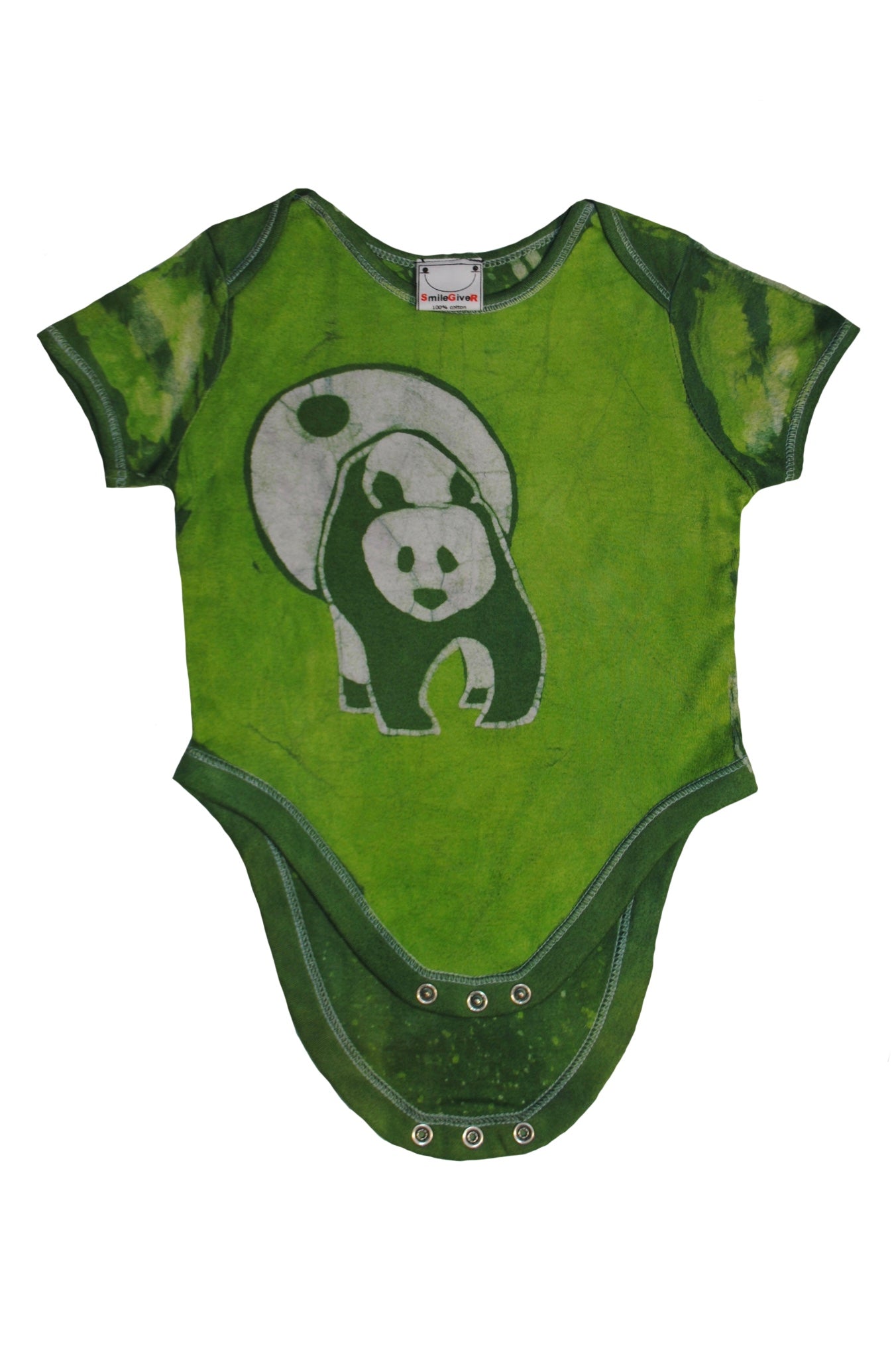 Handmade green batik baby onesie with panda face design