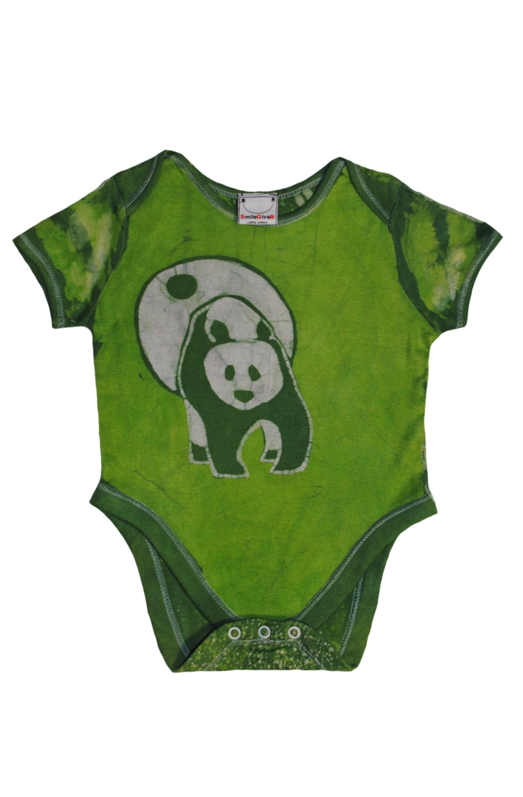 Back view of green panda batik onesie with African patterns