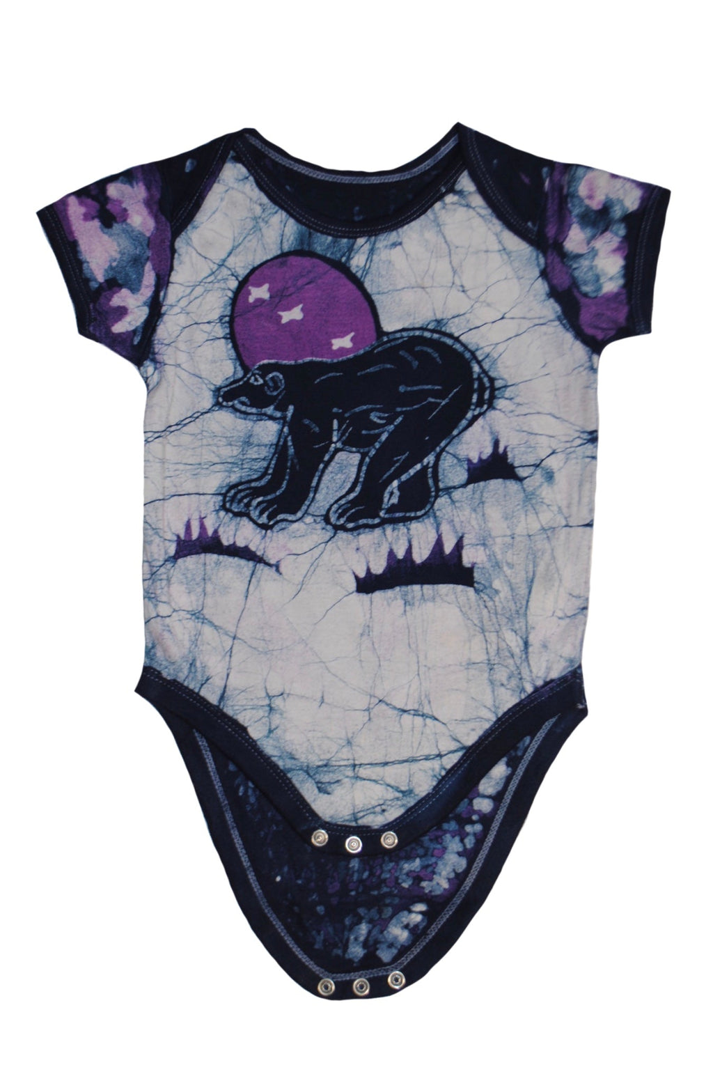 Handmade blue batik baby onesie with bear face design