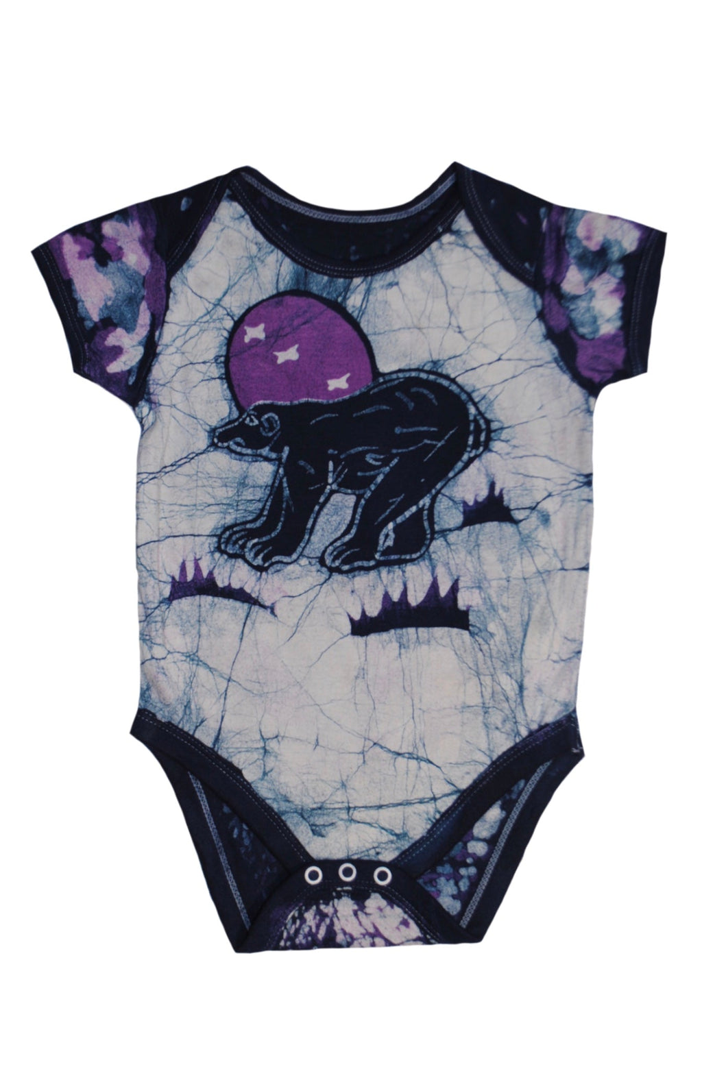 Back view of blue bear batik onesie with hand-dyed patterns