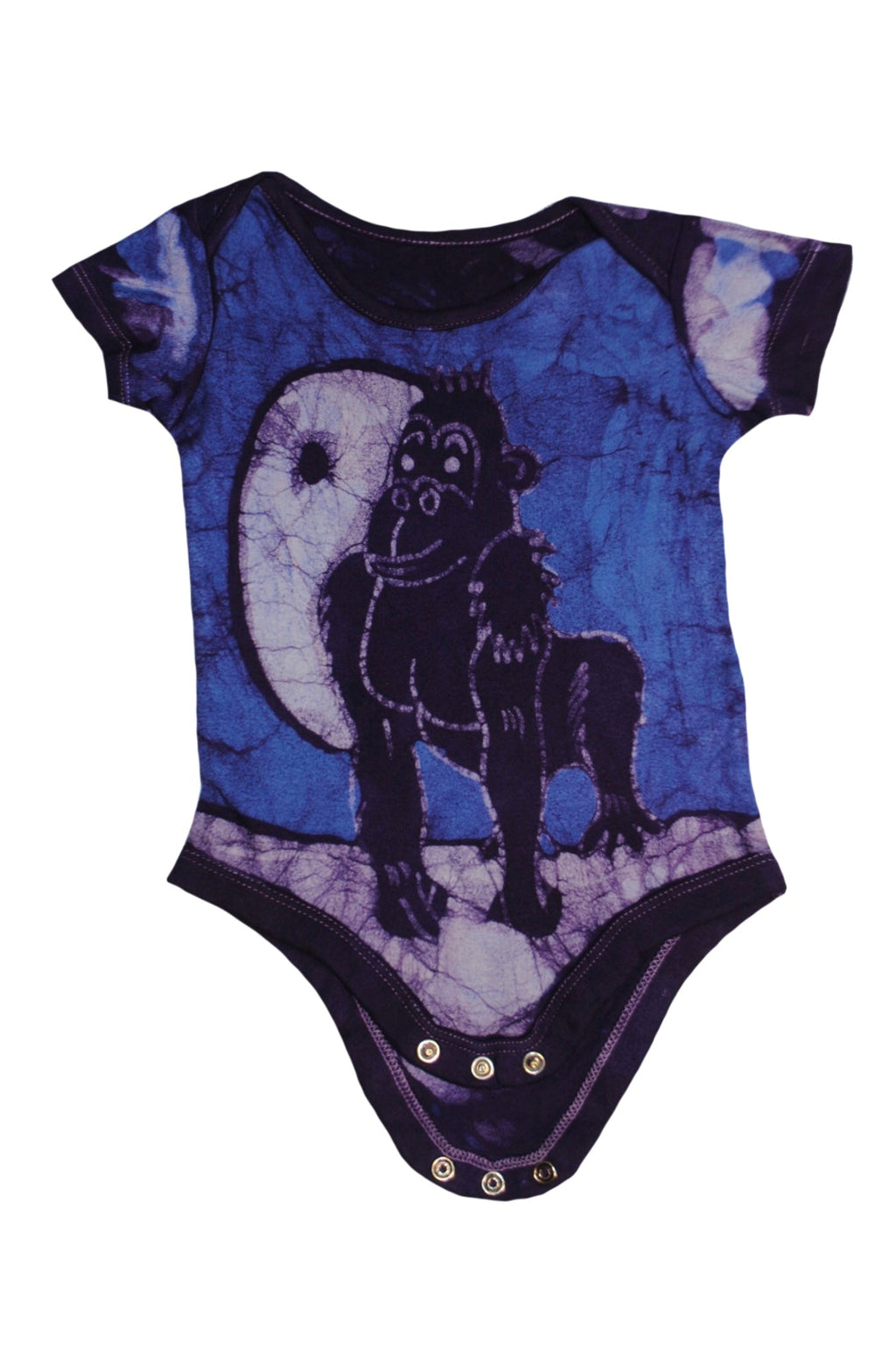 Handmade blue batik baby onesie with gorilla face design