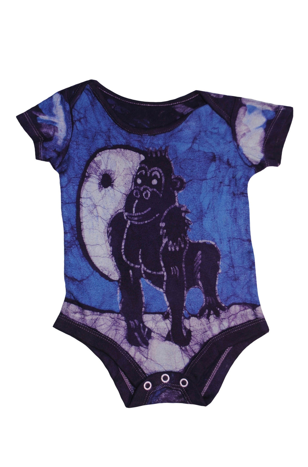 Back view of blue gorilla batik onesie with traditional patterns