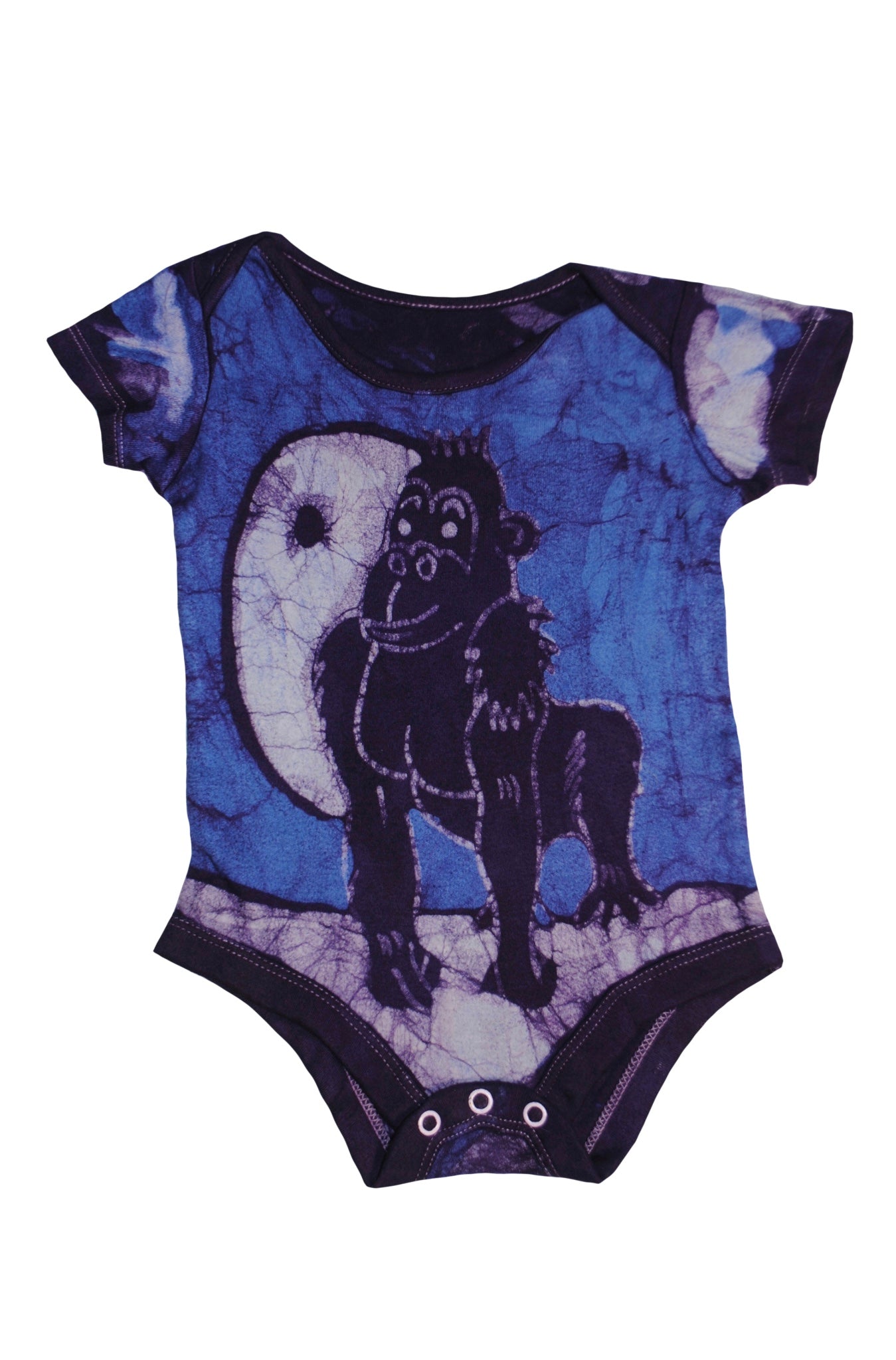Back view of blue gorilla batik onesie with traditional patterns