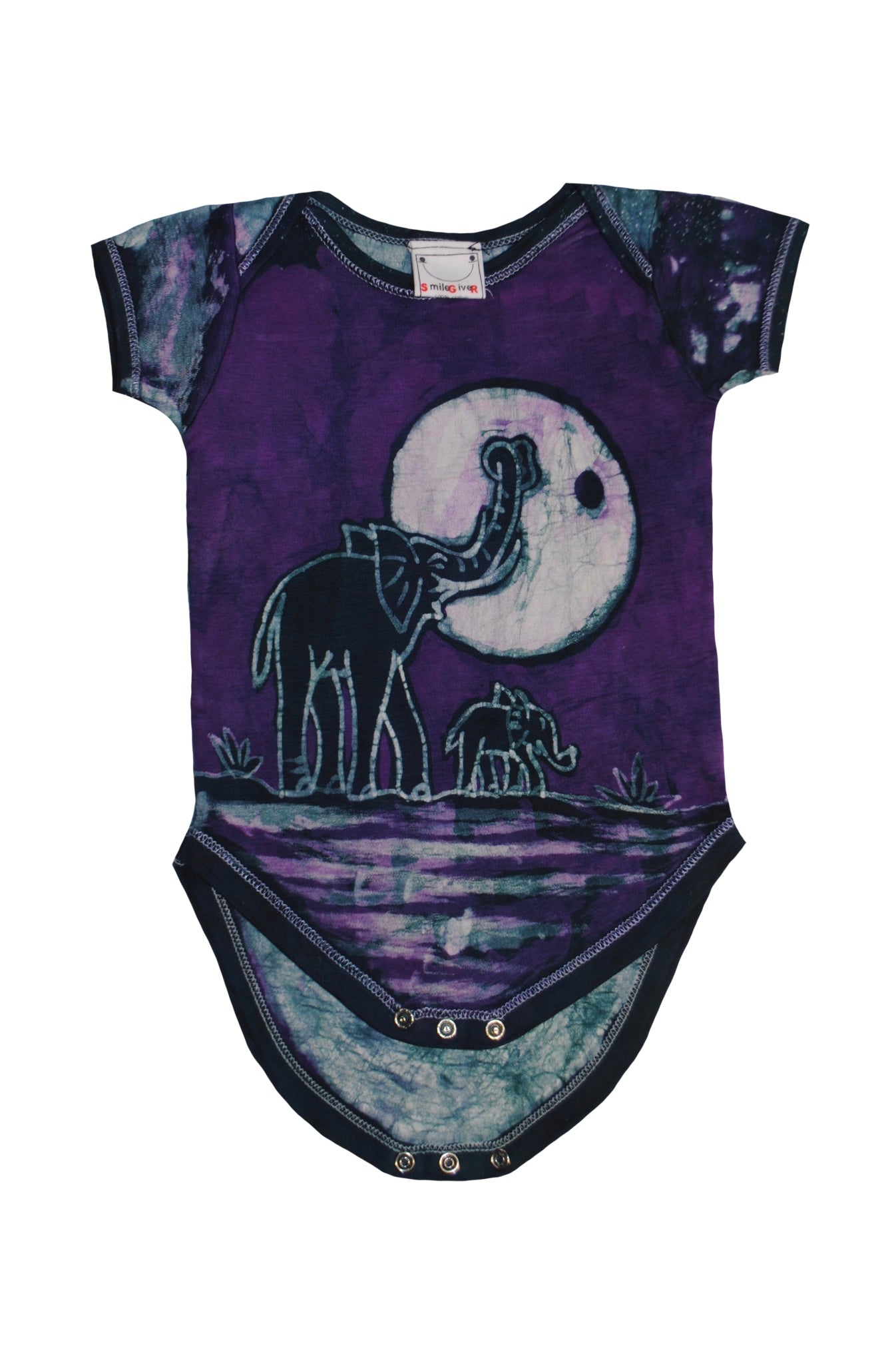 Handmade purple batik baby onesie with elephant design
