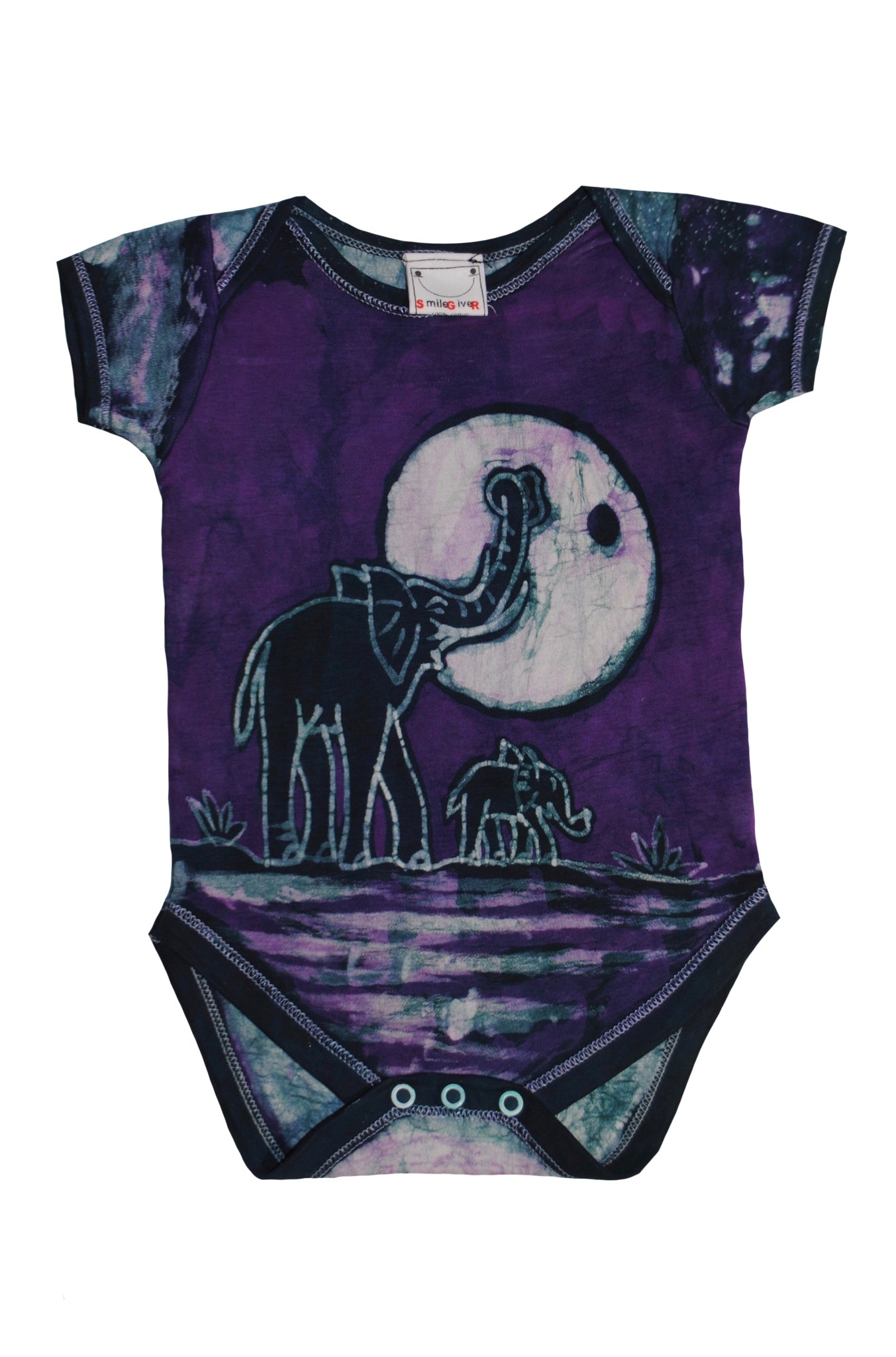 Back view of purple elephant batik onesie with traditional patterns