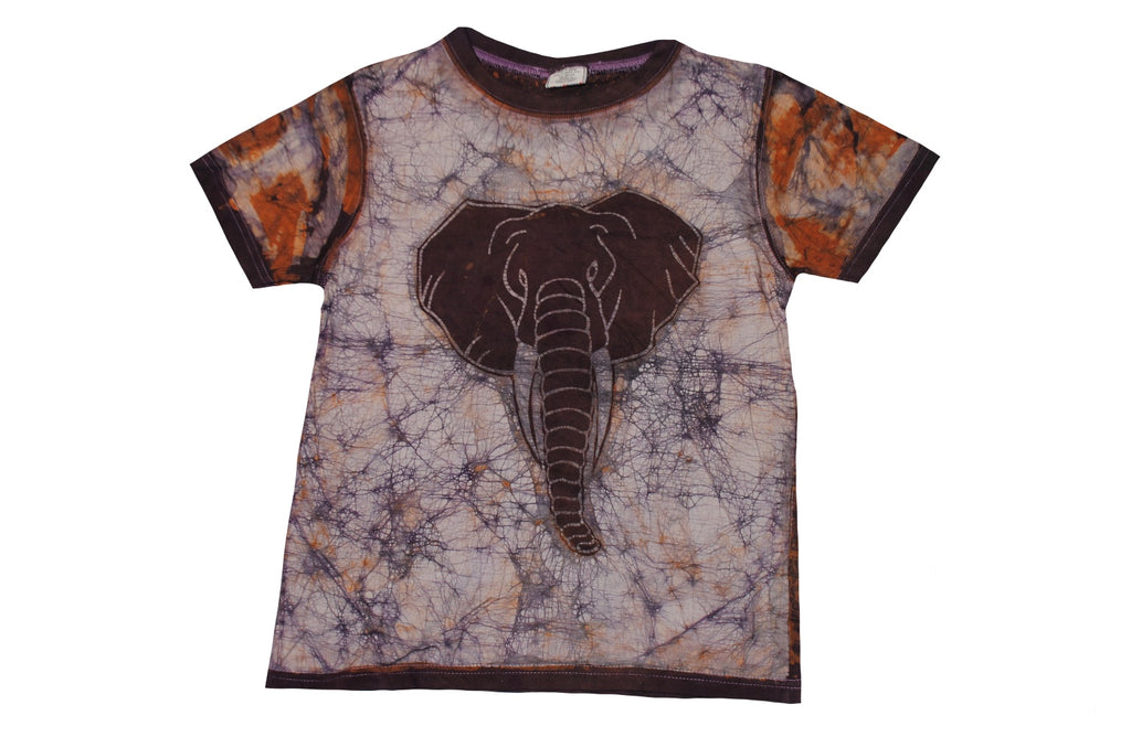 SmileGiver Batik kids Orange Brown Elephant T-shirt batik, front view.