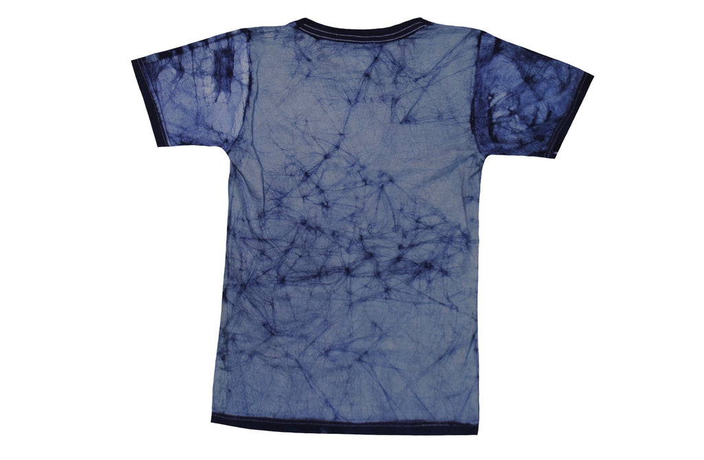 SmileGiver Batik kids blue gorilla African batik t-shirt, back view, on white background.