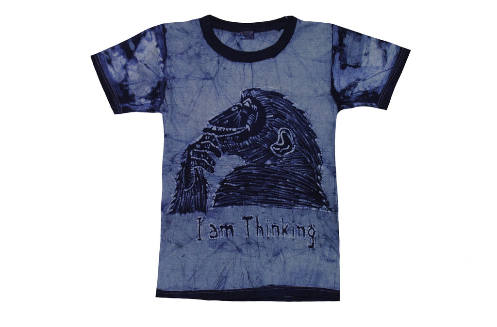 SmileGiver Batik kids blue gorilla African batik t-shirt, front view, on white background.