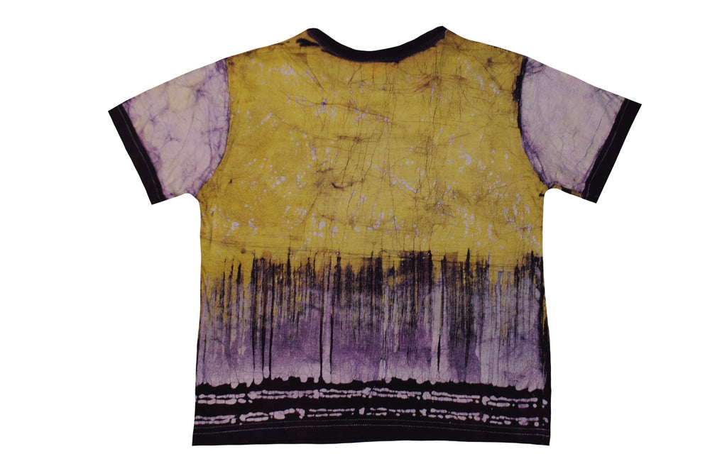 SmileGiver Batik kids yellow gorilla “YOU AGAIN??” African batik t-shirt, back view, on white background.