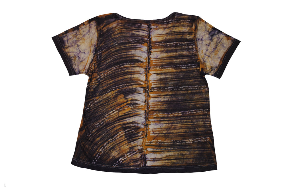 SmileGiver Batik youth orange dolphin African batik t-shirt, back view, on white background.