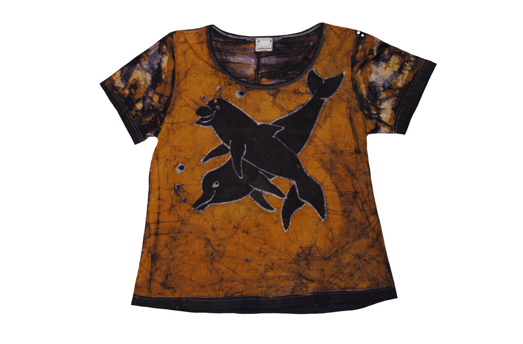 SmileGiver Batik youth orange dolphin African batik t-shirt, front view, on white background.
