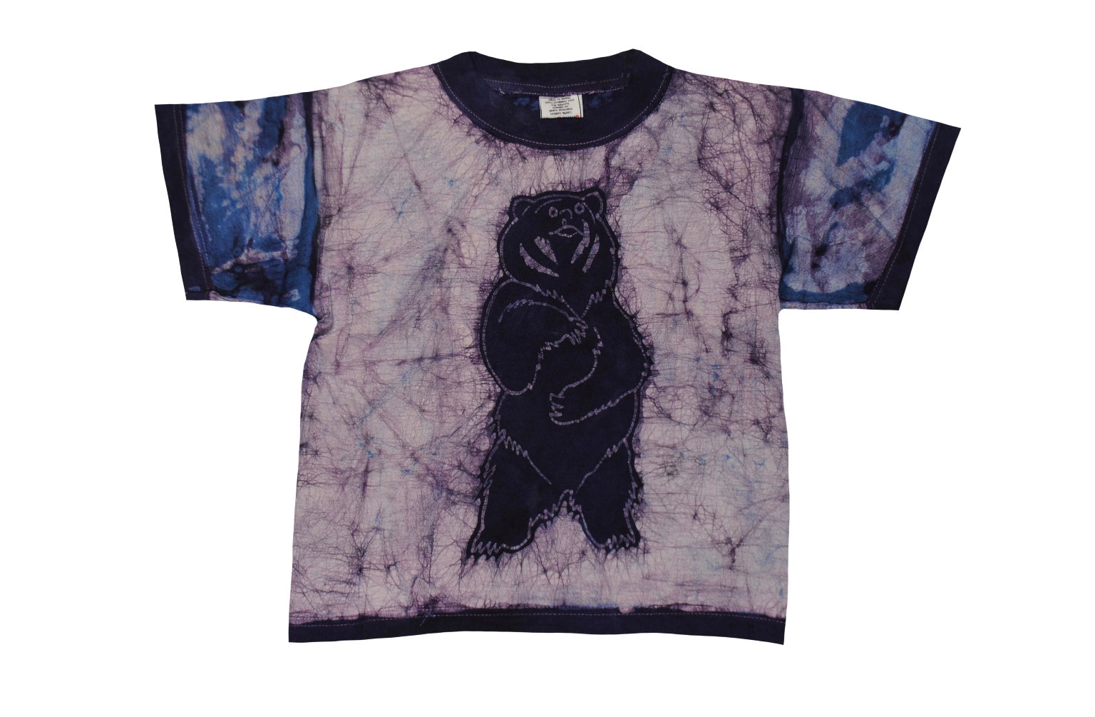 SmileGiver Batik kids blue bear African batik t-shirt, front view, on white background.
