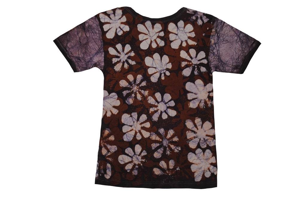 SmileGiver Batik kids brown monkey moon African batik t-shirt, back view, on white background.