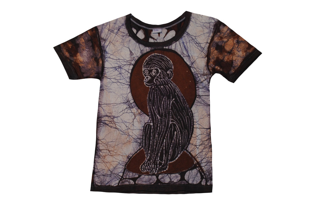 SmileGiver Batik kids brown monkey moon African batik t-shirt, front view, on white background.
