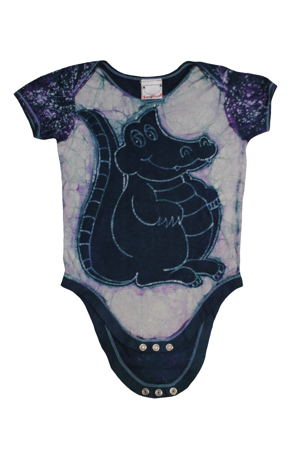Handmade blue batik baby onesie with alligator design