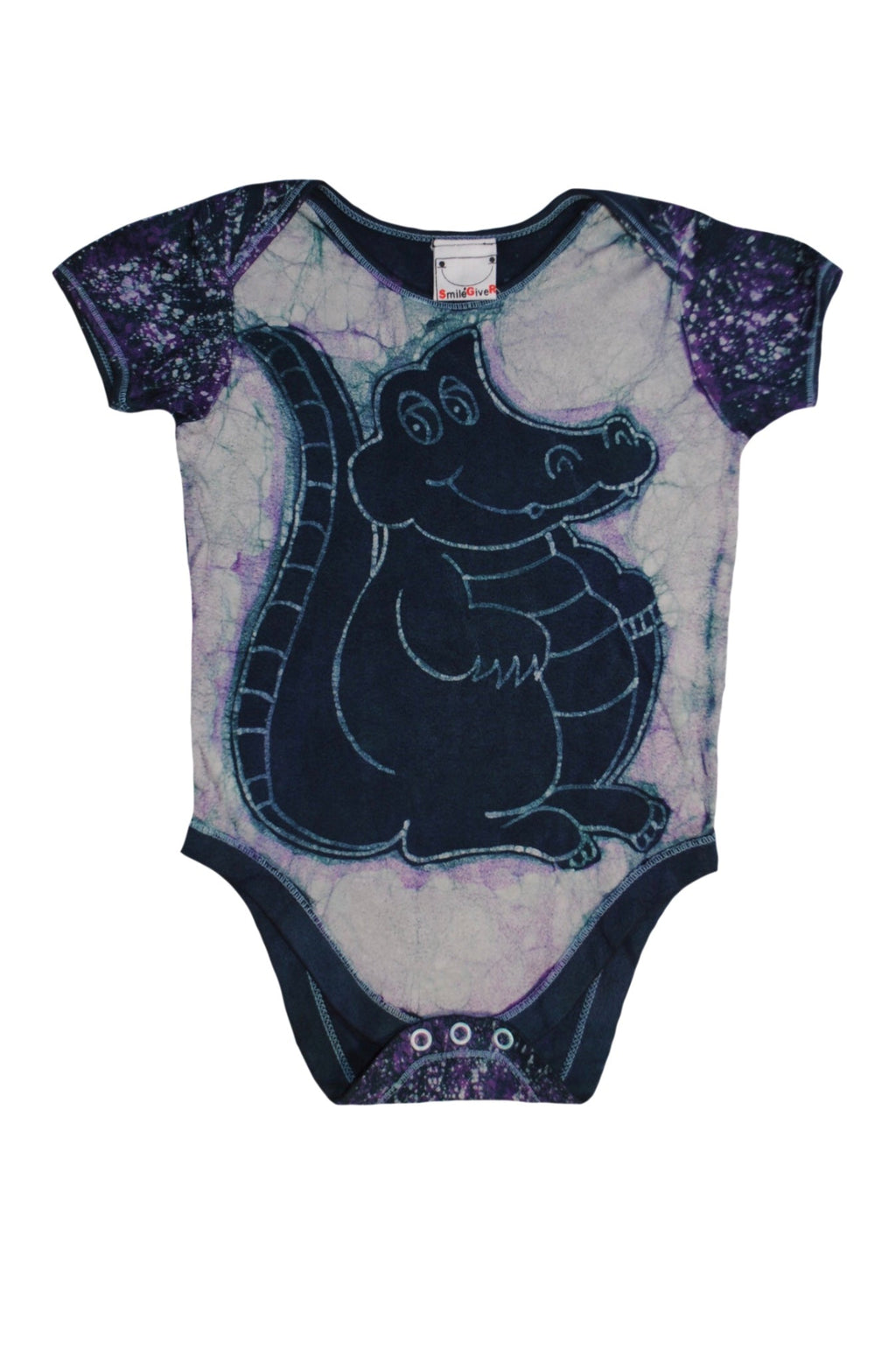 Back view of blue alligator batik onesie with traditional patterns