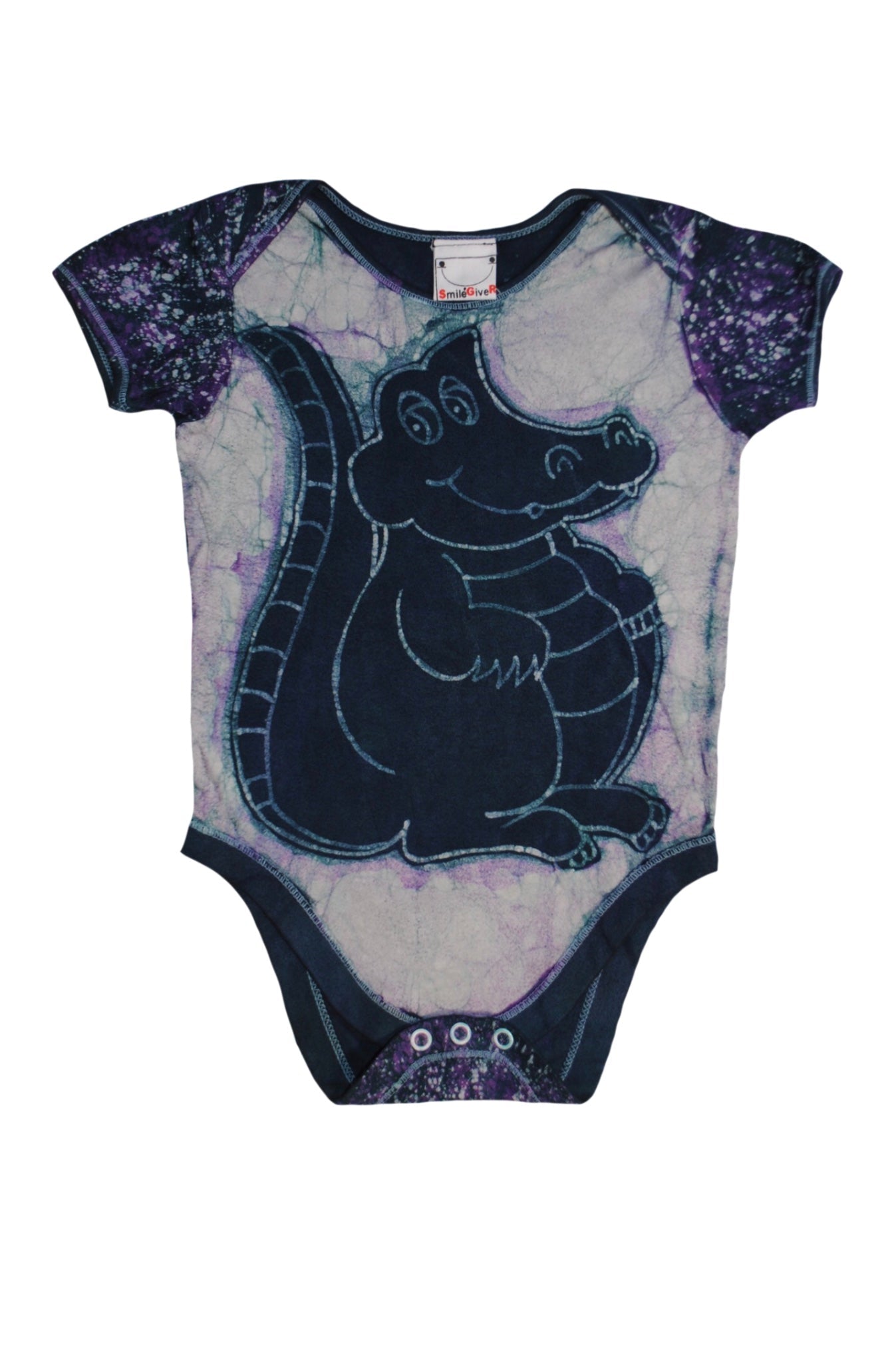 Back view of blue alligator batik onesie with traditional patterns