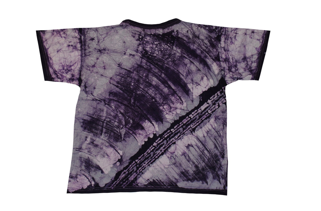 SmileGiver Batik youth purple monkey African batik t-shirt, back view, on white background.