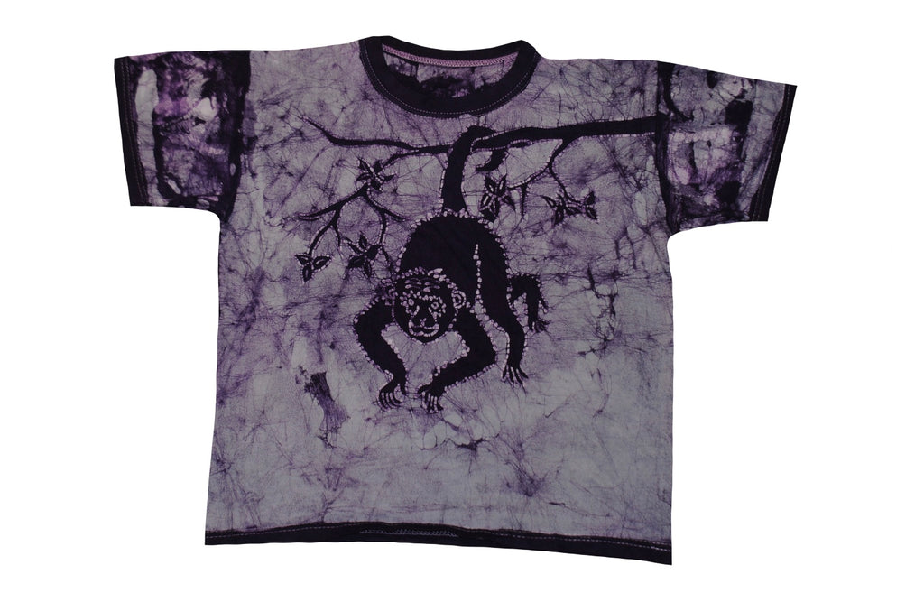 SmileGiver Batik youth purple monkey African batik t-shirt, front view, on white background.
