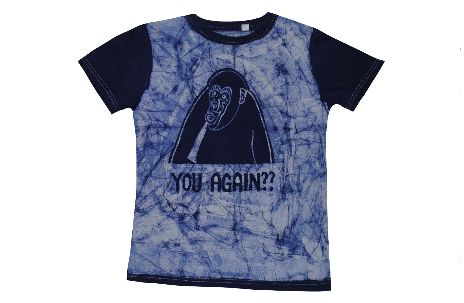 SmileGiver Batik kids blue gorilla “YOU AGAIN??” African batik U-neck t-shirt, front view, on white background.
