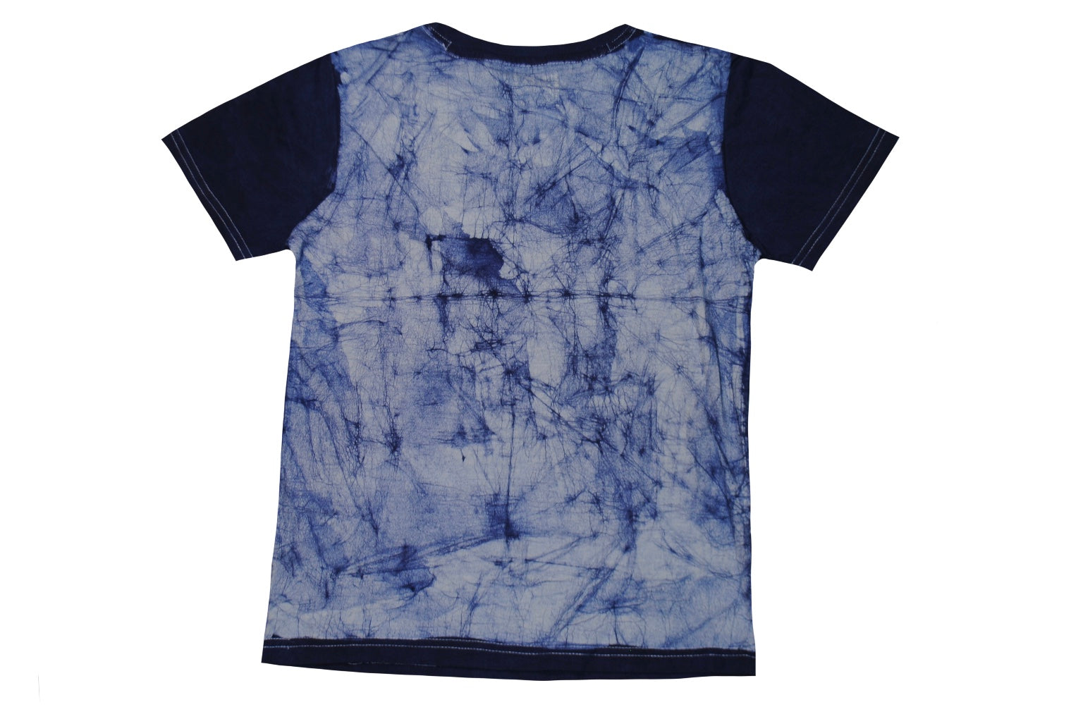 SmileGiver Batik kids blue gorilla “YOU AGAIN??” African batik U-neck t-shirt, back view, on white background.