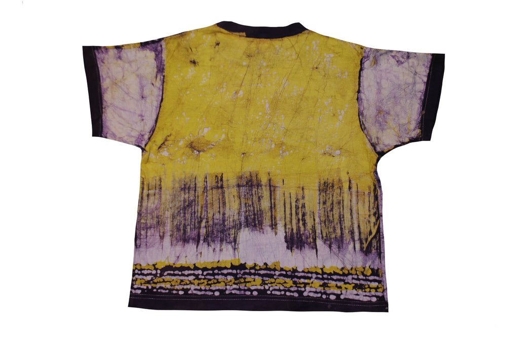 SmileGiver Batik kids yellow dolphin African batik t-shirt, back view, on white background.
