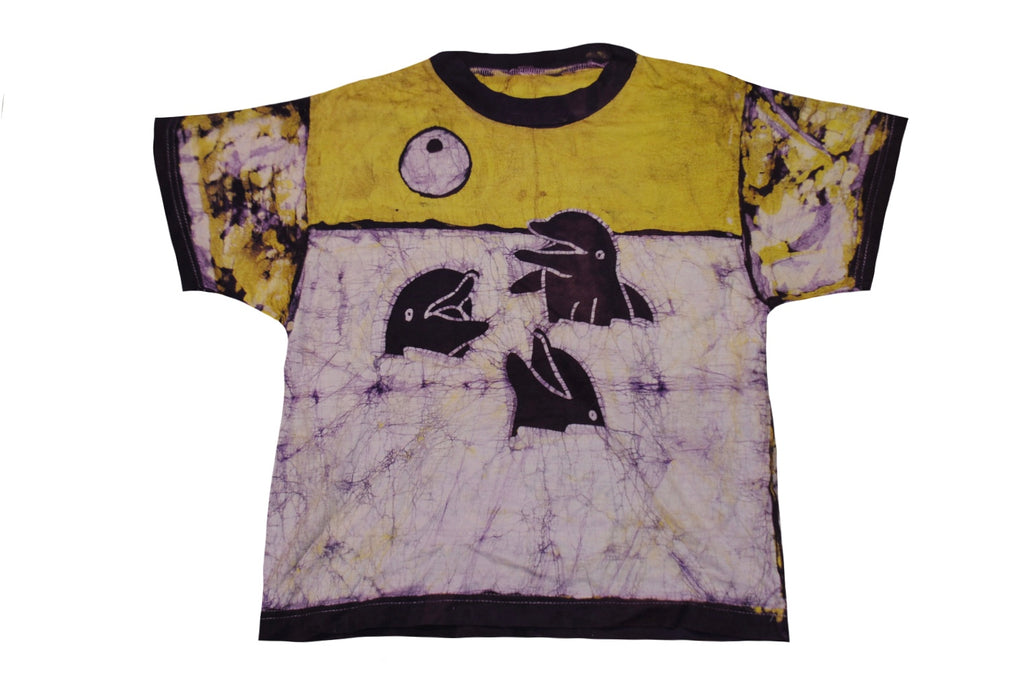 SmileGiver Batik kids yellow dolphin African batik t-shirt, front view, on white background.