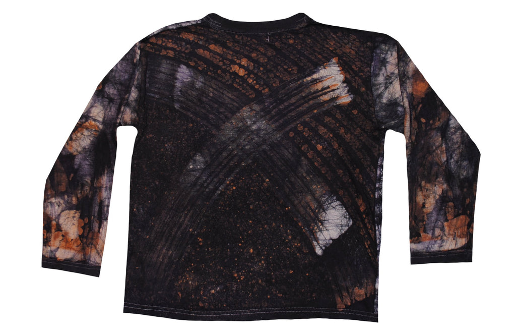 SmileGiver Batik youth grey orange elephant African batik long sleeve shirt, back view, on white background.