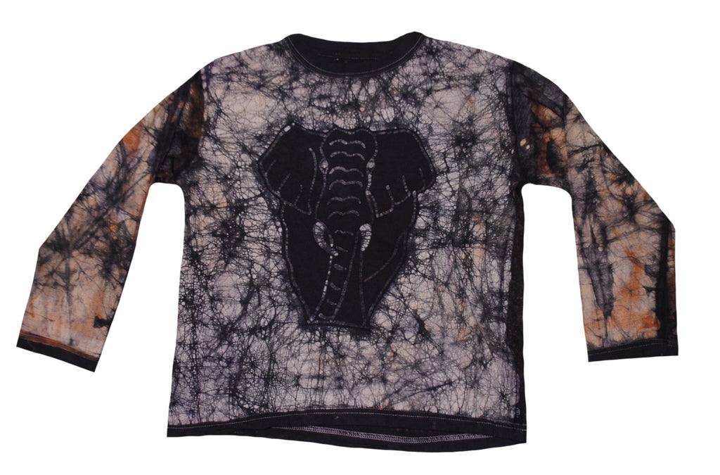 SmileGiver Batik youth grey orange elephant African batik long sleeve shirt, front view, on white background.