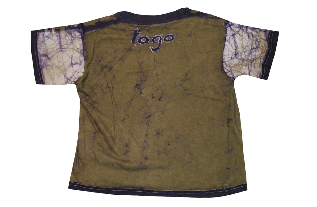 SmileGiver Batik kids green grey monkey African batik t-shirt, back view, on white background.