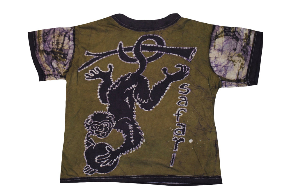 SmileGiver Batik kids green grey monkey African batik t-shirt, front view, on white background.
