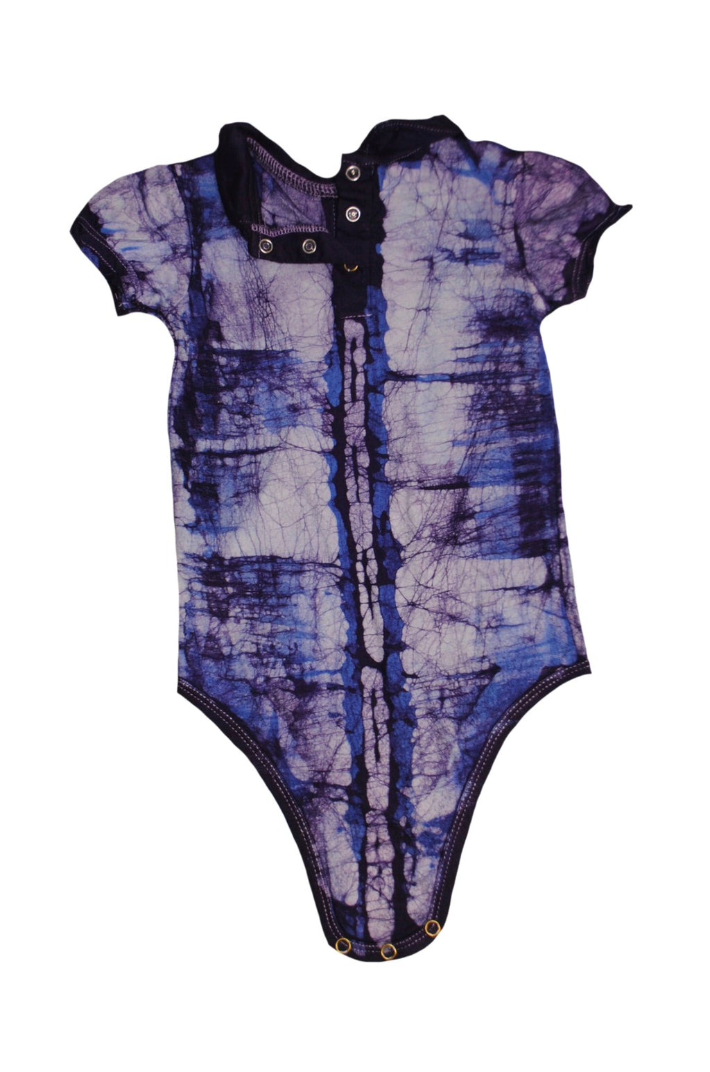 Close-up of snap clasp closures on blue monkey banana onesie