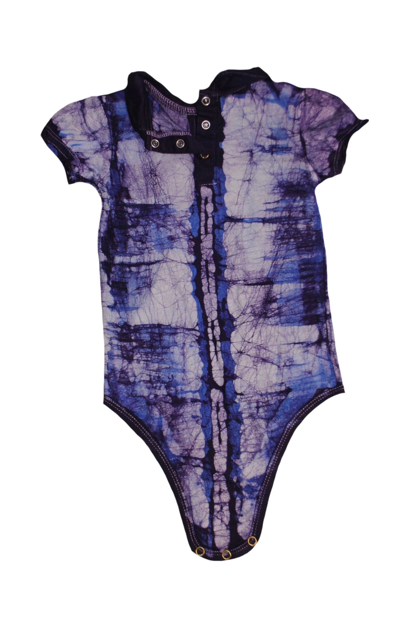 Close-up of snap clasp closures on blue monkey banana onesie