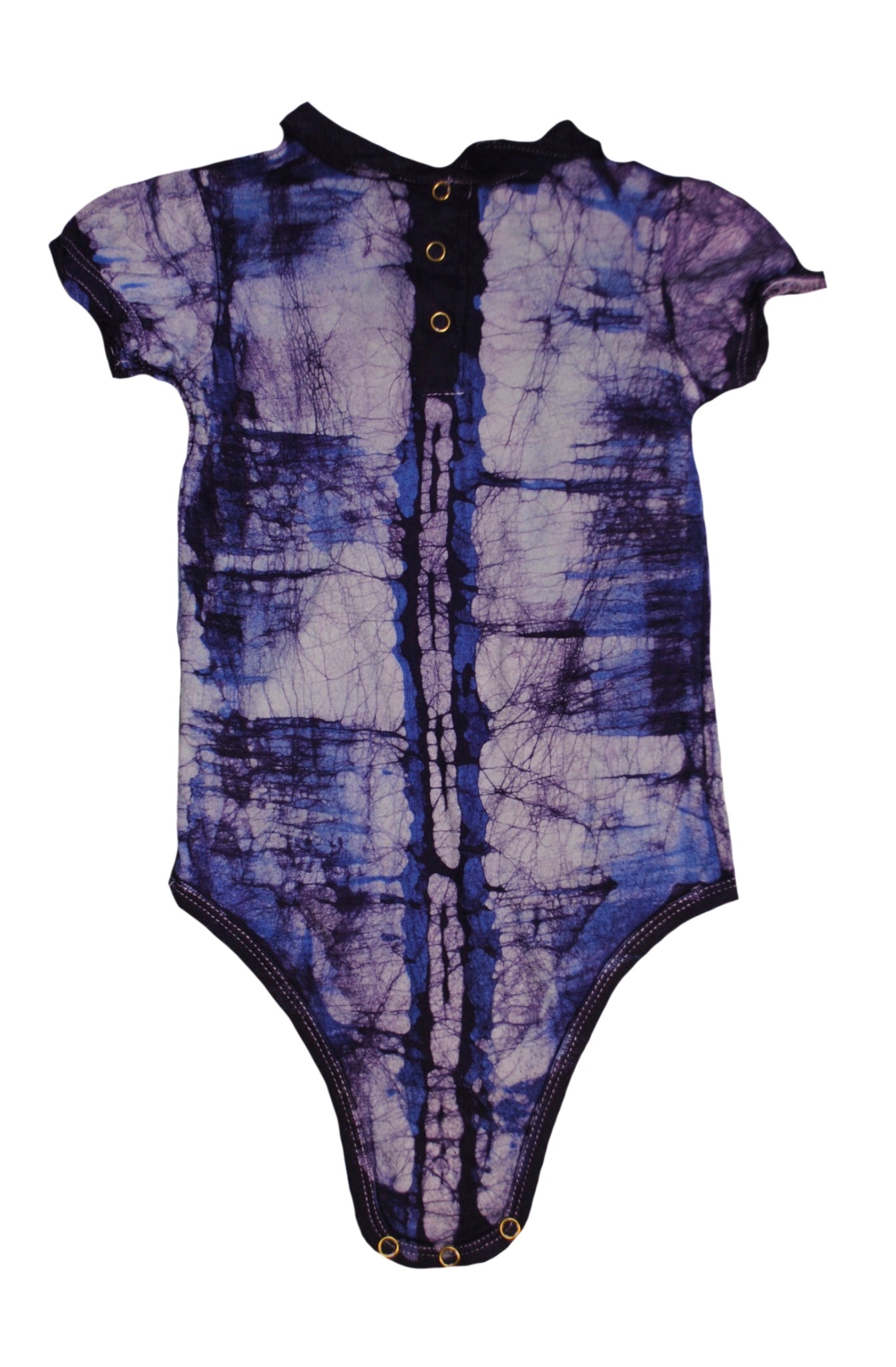 Close-up of blue monkey banana onesie showing batik details