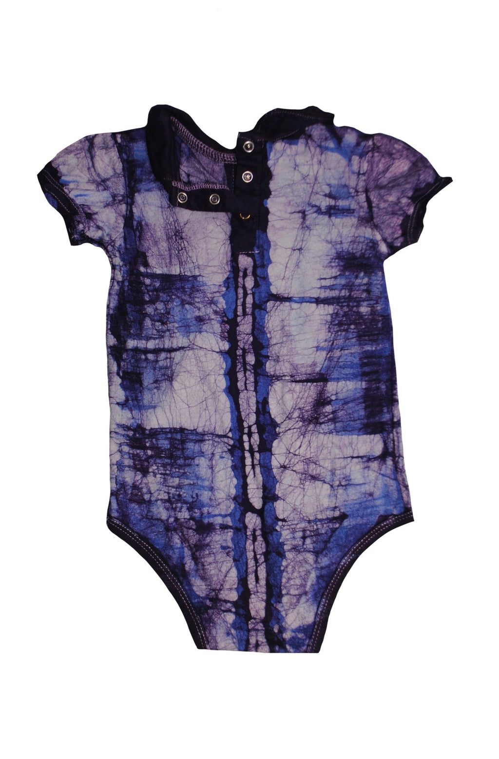 Detail of snap closure system on blue monkey banana onesie