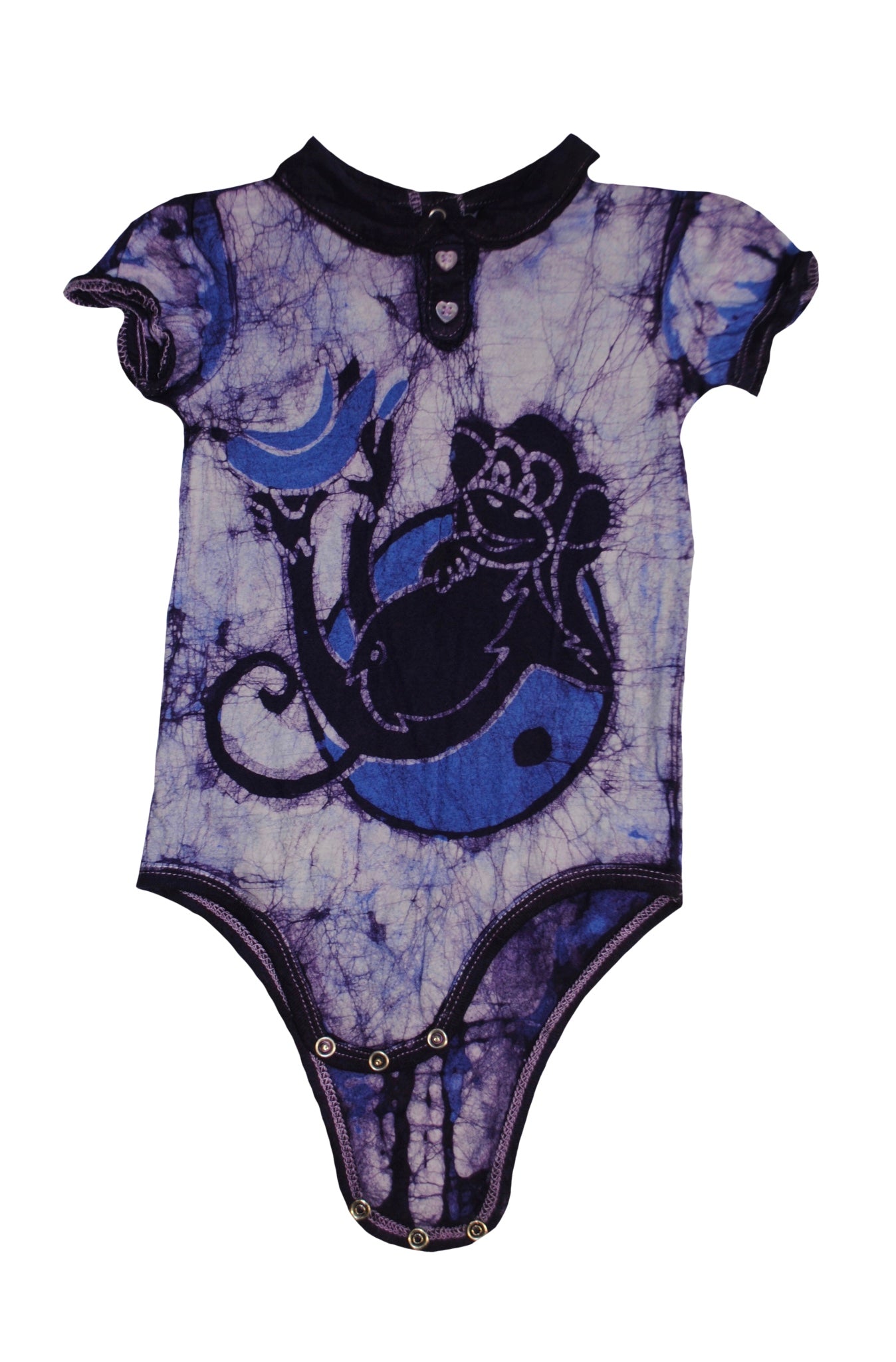 Handmade blue batik baby onesie with monkey and banana design