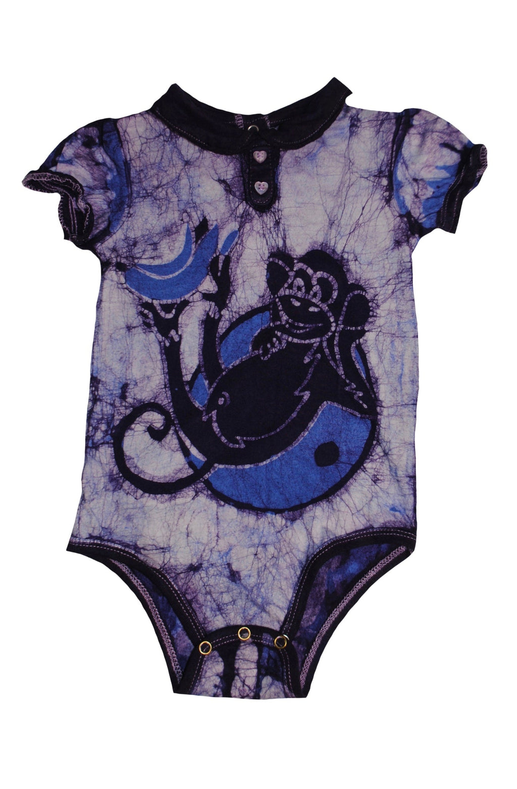Back view of blue monkey banana batik onesie with hand-dyed patterns