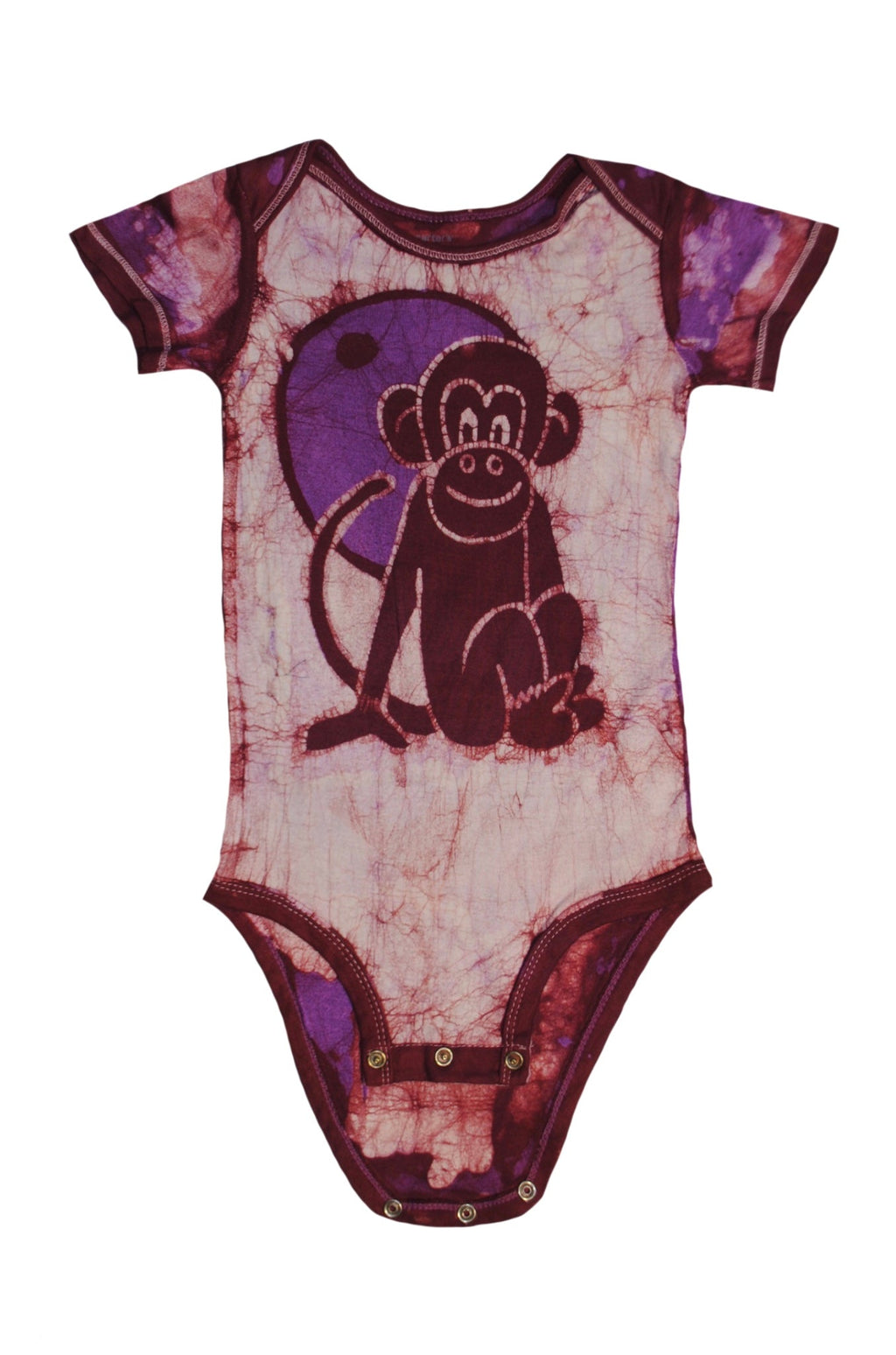 Handmade red and pink batik baby onesie with monkey face design
