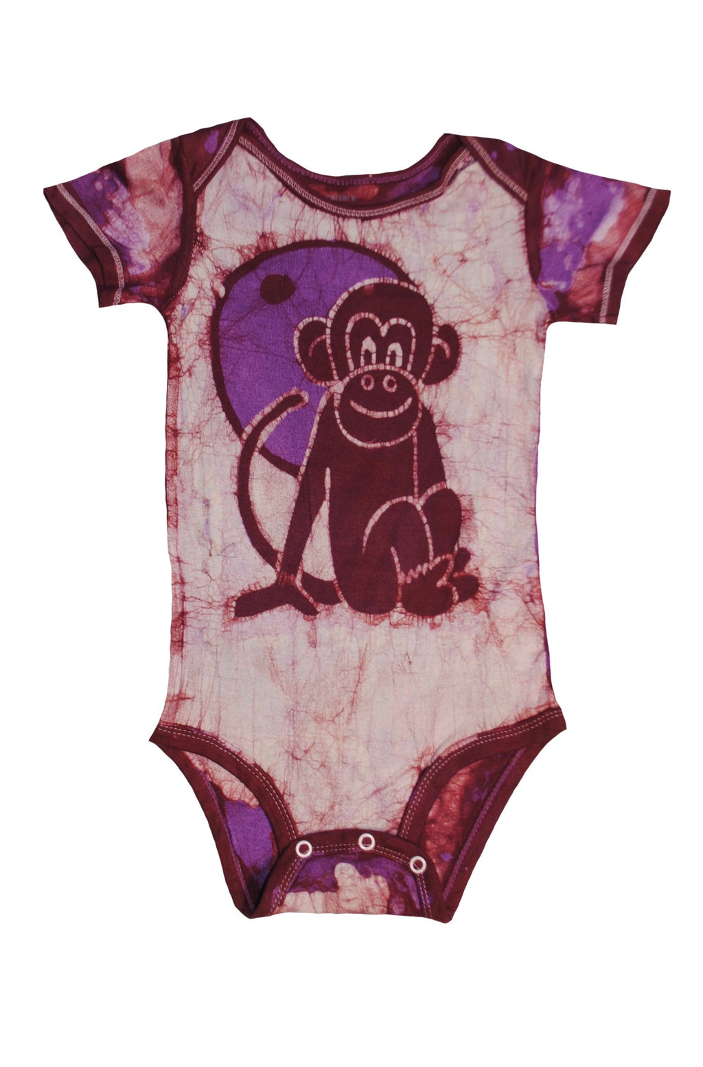 Back view of red pink monkey batik onesie with traditional patterns