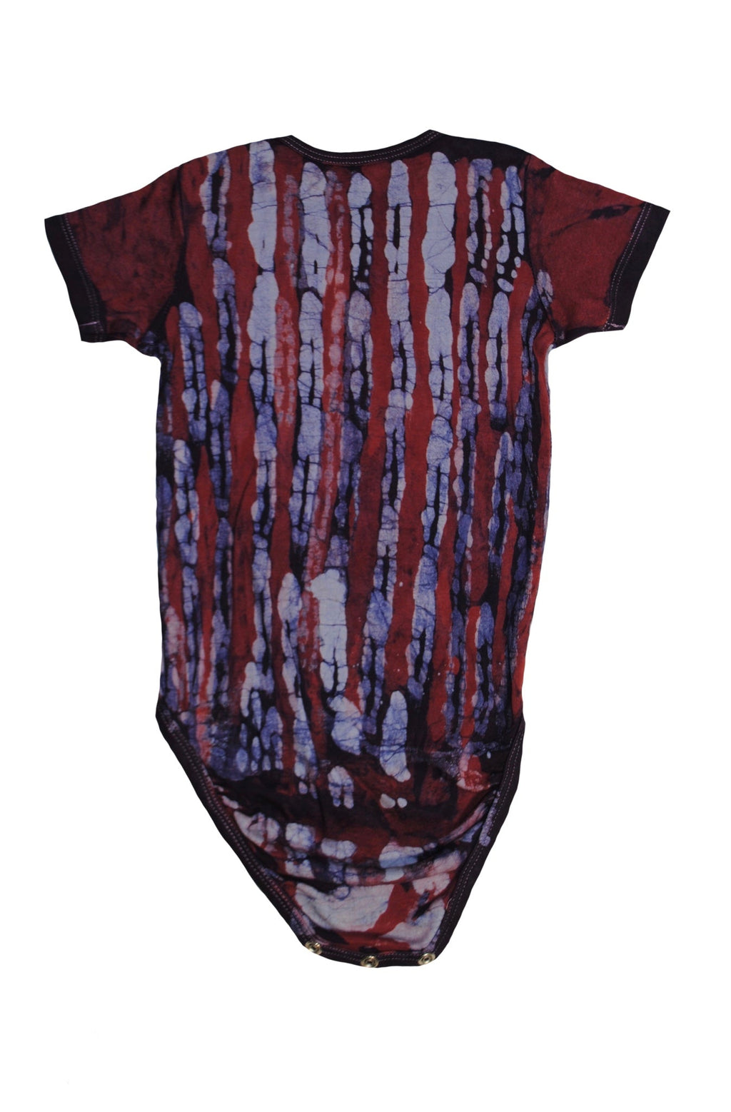 Close-up of red blue monkey onesie showing batik details