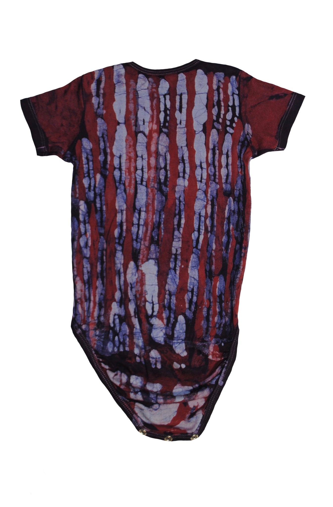 Close-up of red blue monkey onesie showing batik details